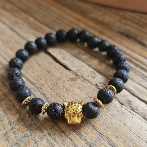 Black and Gold Jaguar Beaded Stretch Bracelet #1725